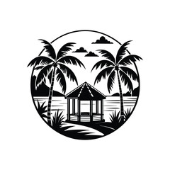 Obraz premium Minimalist Beach Scene Clipart - Beach vector in Black and White