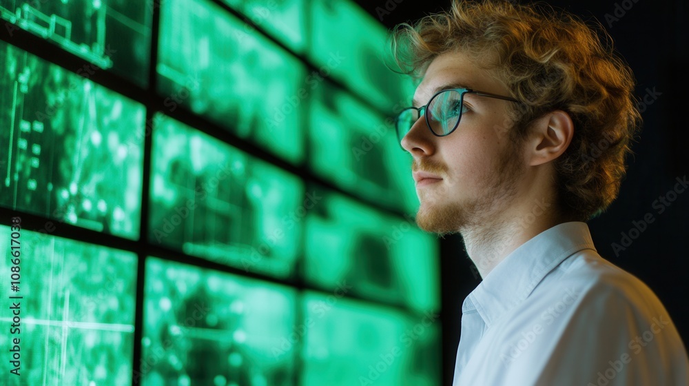 Poster a focused young man observes a series of digital screens illuminated with green data visualizations.