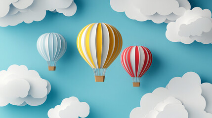 Obraz premium Colorful hot air balloons floating through a sky full of paper clouds, symbolizing adventure and dreams. 