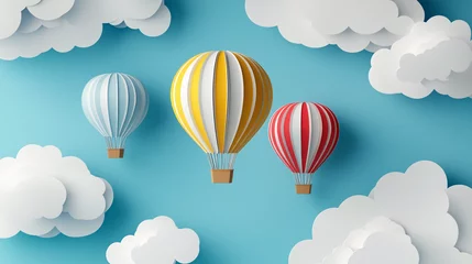 Colorful hot air balloons floating through a sky full of paper clouds, symbolizing adventure and dreams. 