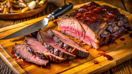 Sliced Roasted Meat with Red Glaze on Wooden Cutting Board