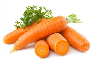 Carrots isolated. Carrot on white background. Three carrots with green leaves. With clipping path. Full depth of field.