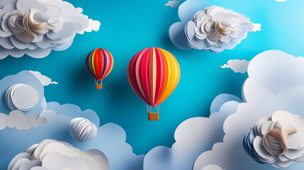 Obraz premium Colorful hot air balloons floating through a sky full of paper clouds, symbolizing adventure and dreams. 
