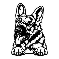 German Shepherd Dog - Peeking Dog Breed - Pet Dog Vector Portrait, Dog Silhouette Stencil