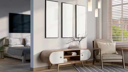 The interior design of a contemporary luxurious apartment room features a living room and bedroom.