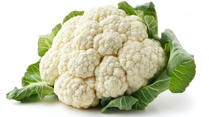 Whole head of the fresh raw cauliflower with some leaves close-up on a white background