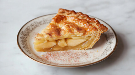 A freshly baked apple pie with a golden, flaky crust, cut into a perfect slice, served on a vintage porcelain plate with a sprinkle of cinnamon.