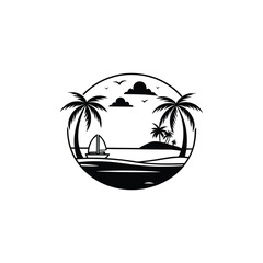 Obraz premium Sea Beach Scene vector illustration in black and white 
