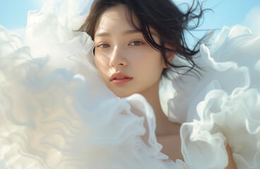 A woman in a white dress fluttering in the wind