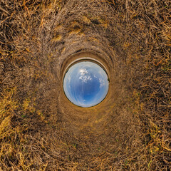 blue hole sphere or globe little planet inside green dry grass or stone with sand frame background