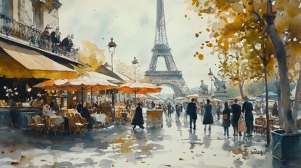 Watercolor Painting of Parisian Street Scene with Eiffel Tower in the Background