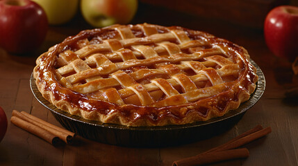 A freshly baked apple pie with a golden, flaky crust, cut into a perfect slice, served on a vintage porcelain plate with a sprinkle of cinnamon.