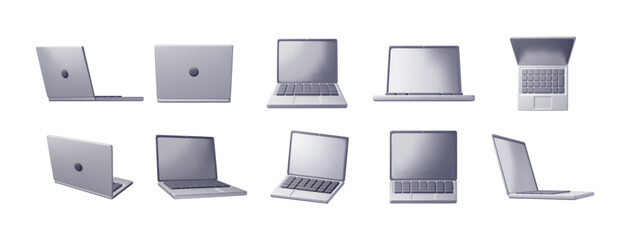 3D set of cartoon laptop computer isolated. Render collection of notebook LCD display mock up with blank screen. Mobile computer device icon. Technology concept. 3D rendering. Vector illustration
