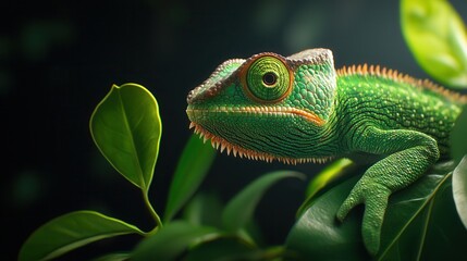 Fototapeta premium wildlife with a black background. A vibrant green chameleon sits among lush leaves, showcasing its textured skin and distinctive features in a natural setting.