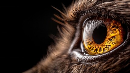 wildlife with a black background. A close-up of a striking eye with golden hues and intricate patterns, set against a dark background, showcasing its vivid detail and beauty.