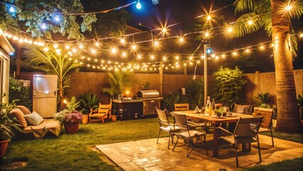 Outdoor dining space with string lights and a patio