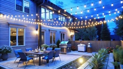 Fototapeta premium Outdoor Dining Area with String Lights and a Grill