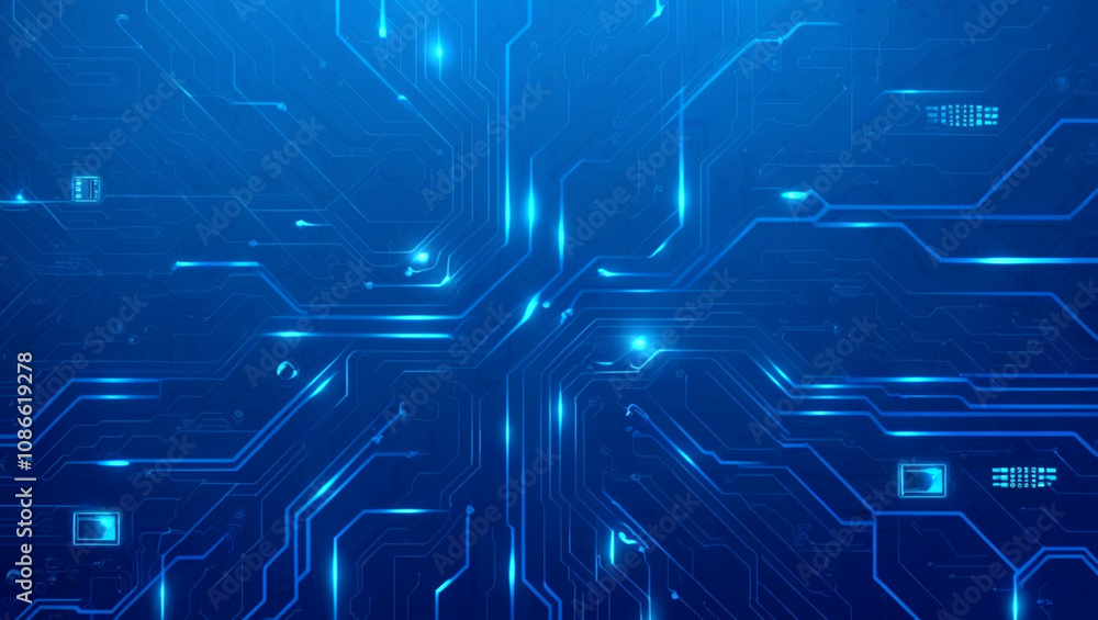 Poster futuristic vector illustration of a blue circuit board with intricate digital tech elements. circuit