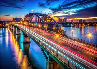 Obraz premium Golden hour fades, leaving Memorial Bridge bathed in the city's nocturnal glow.