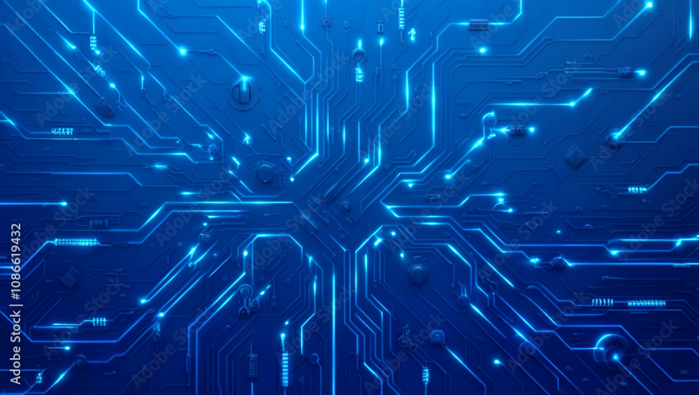 Poster futuristic vector illustration of a blue circuit board with intricate digital tech elements. circuit