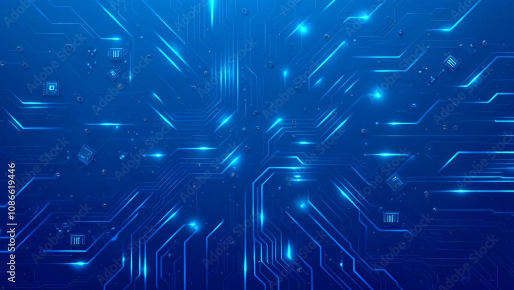 Poster futuristic vector illustration of a blue circuit board with intricate digital tech elements. circuit