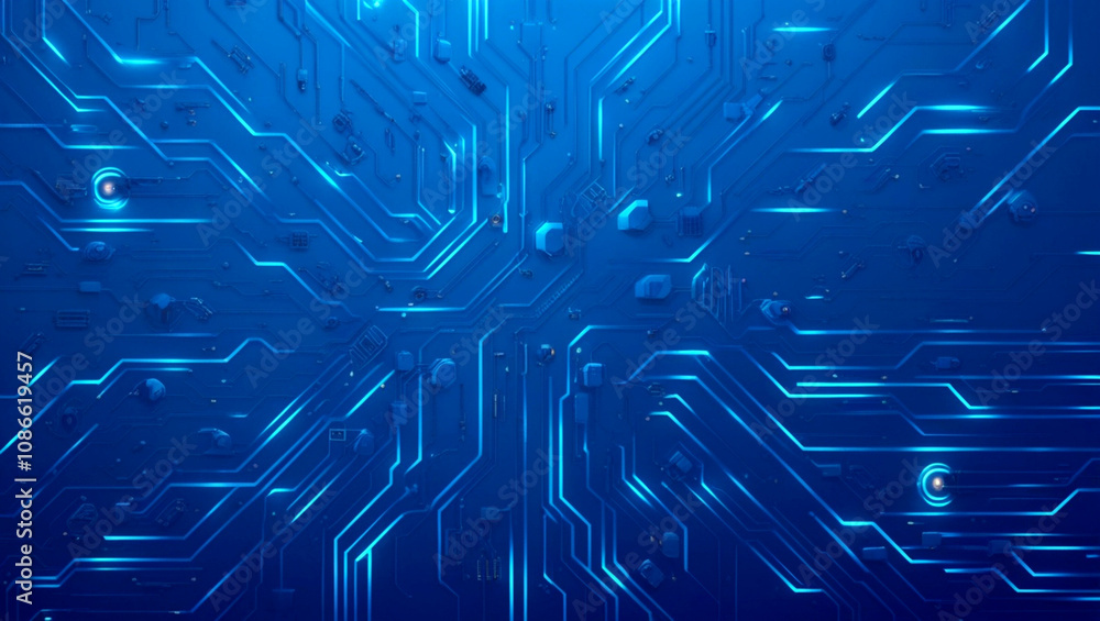 Poster futuristic vector illustration of a blue circuit board with intricate digital tech elements. circuit