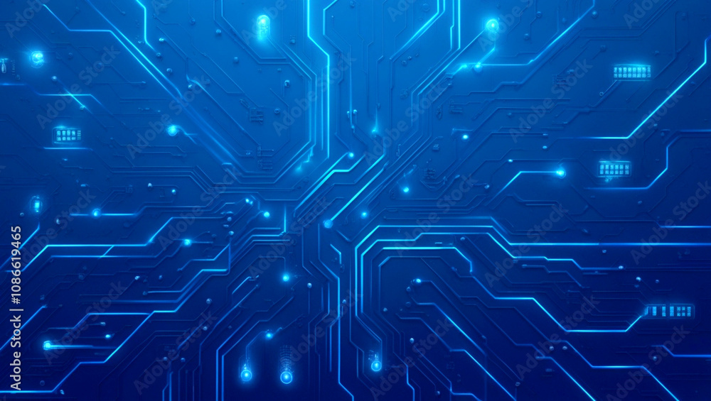 Poster futuristic vector illustration of a blue circuit board with intricate digital tech elements. circuit