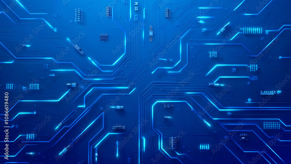 Poster futuristic vector illustration of a blue circuit board with intricate digital tech elements. circuit