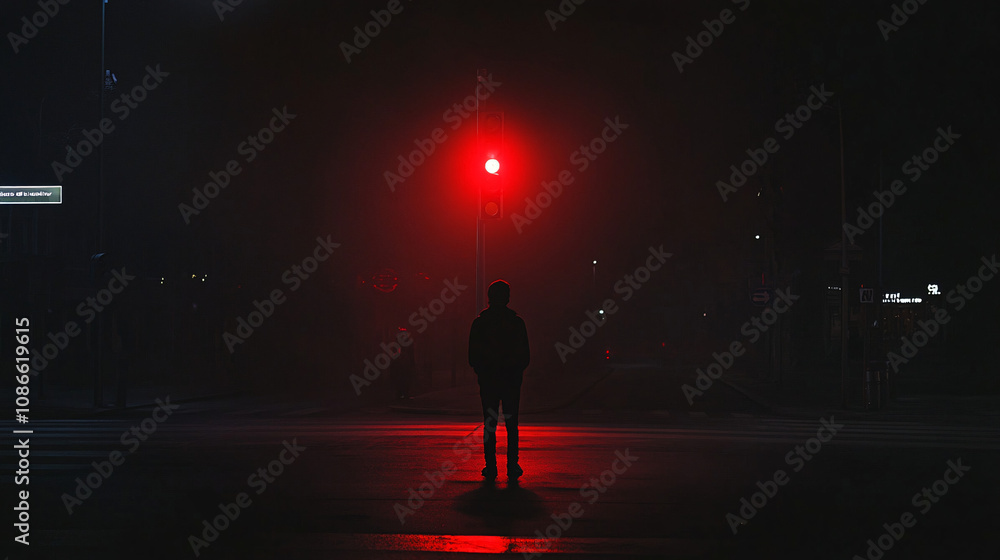 Poster dark silhouette of a person standing in the middle of a deserted intersection, only illuminated by t