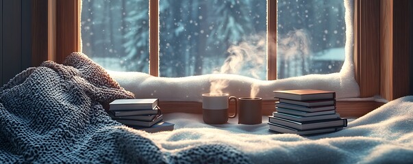 a cozy reading nook by a snowy window featuring a warm blanket a stack of books and a steaming mug of cocoa inviting relaxation