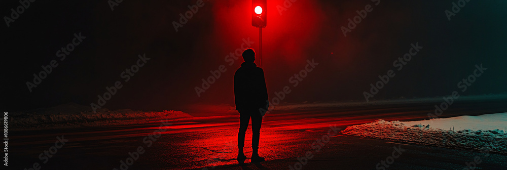 Poster dark silhouette of a person standing in the middle of a deserted intersection, only illuminated by t