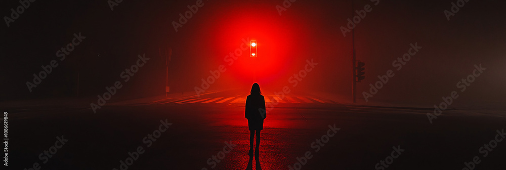 Poster dark silhouette of a person standing in the middle of a deserted intersection, only illuminated by t