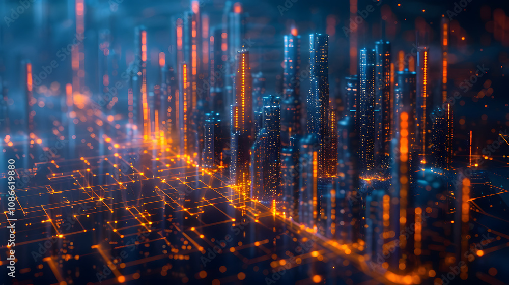 Poster neural network. cyber city, digital technology and information security. big data concept 3d illustr