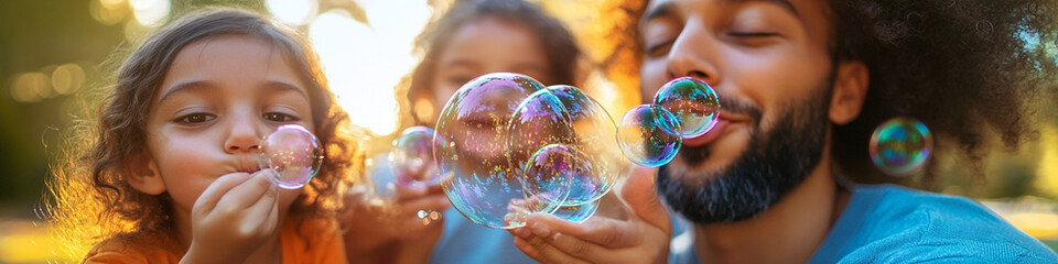 Close-up of a family blowing bubbles in a park, happy faces