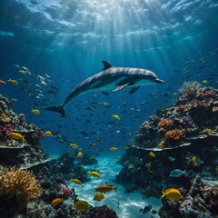 Fototapeta premium A dolphin in the middle of an underwater kingdom filled with glowing sea creatures.