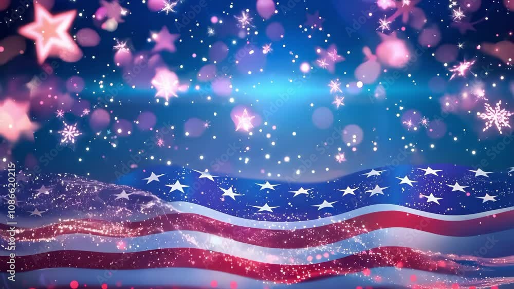 Poster an abstract background featuring the american flag with colorful stars and sparkles, creating a fest