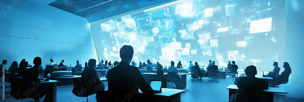Poster **digital projector beaming 3d images over a sea of people seated at floating desks in a futuristic 