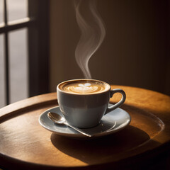 Fototapeta premium Kaffee - Aromatischer Kaffee mit Sonnenstrahlen im Hintergrund