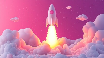 Fototapeta premium Dynamic Rocket Launching Upward in Abstract Flat Style Symbolizing Business Growth and Success with Copy Space for Additional Elements