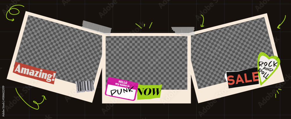 Poster vector template of photo frames collage. transparent banner with grunge and punk stickers for scrapb