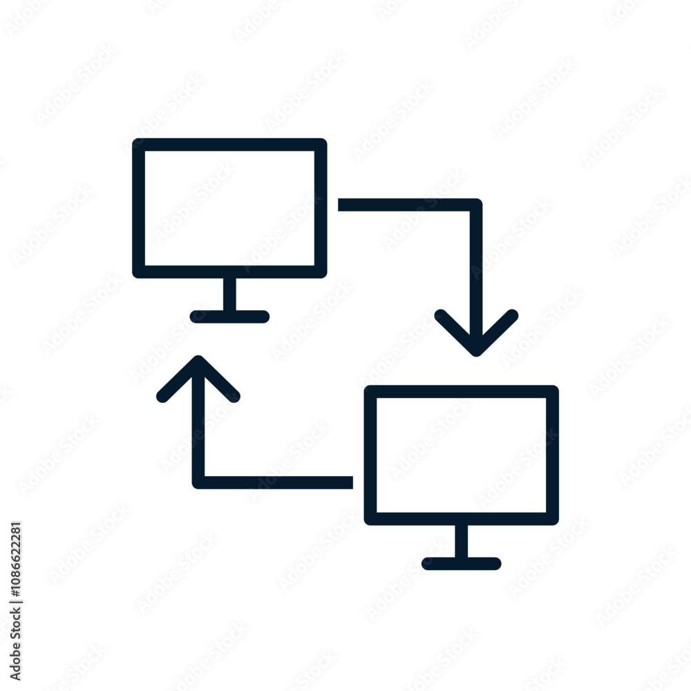 Poster network connection concept with two computers. vector linear icon isolated on white background.