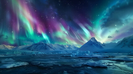 Naklejka premium Alaskan aurora borealis over a frozen landscape vibrant colors lighting up the cold night breathtaking winter scene copy space