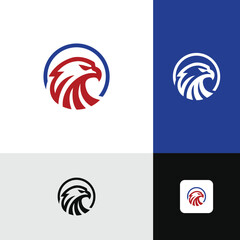 Red And Blue Eagle Head Logo Design Hawk Falcon Power Force Patriotic Circle