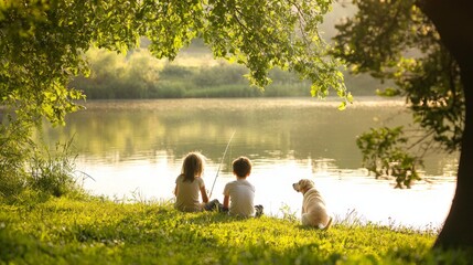 Serene Family Fishing Day: Young Boy and Girl Bonding at Tranquil Lake with Excited Dog - Ultra-Detailed Animal Wholesome Moment