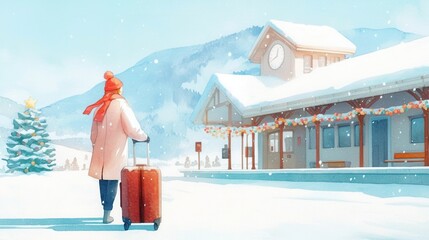 Christmas homecoming concept. Person with luggage, snow-covered train station, festive holiday lights and decorations