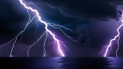 Lightning storm over ocean at night,  Dramatic weather, dark clouds, and powerful bolts of lightning
