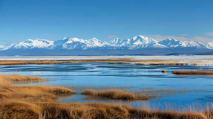 Obraz premium Alaskan landscape with icy tundra and distant mountains northern winter wilderness frosty and wild copy space