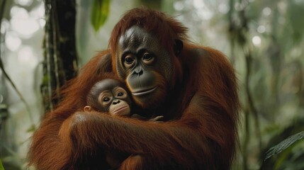 Fototapeta premium Motherly Love: An Orangutan Embraces her Young