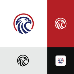 Red And Blue Eagle Head Logo Design Hawk Falcon Power Force Patriotic Circle