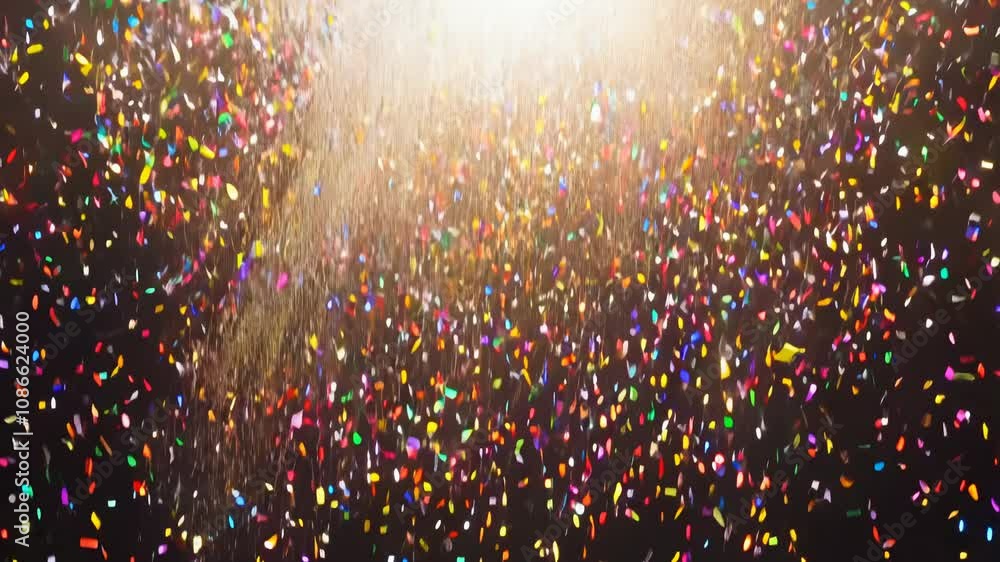 Poster camera pans vertically upwards through multicolored confetti, creating a festive atmosphere with vib